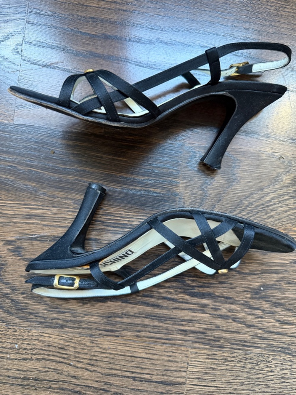 MOSCHINO VINTAGE Y2K Black Satin Sandal Heel Shoe Gold Heart Accent Eu 38 Sz 8 - Picture 6 of 10